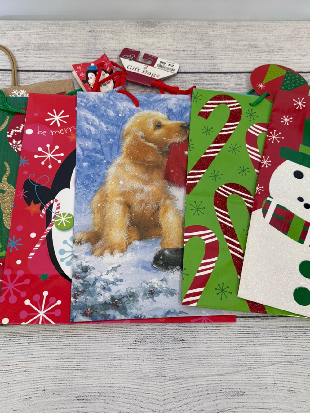 Christmas Gift Bags Bundle Of 6 Bags Various Designs Snowman Deer Puppy Penguin